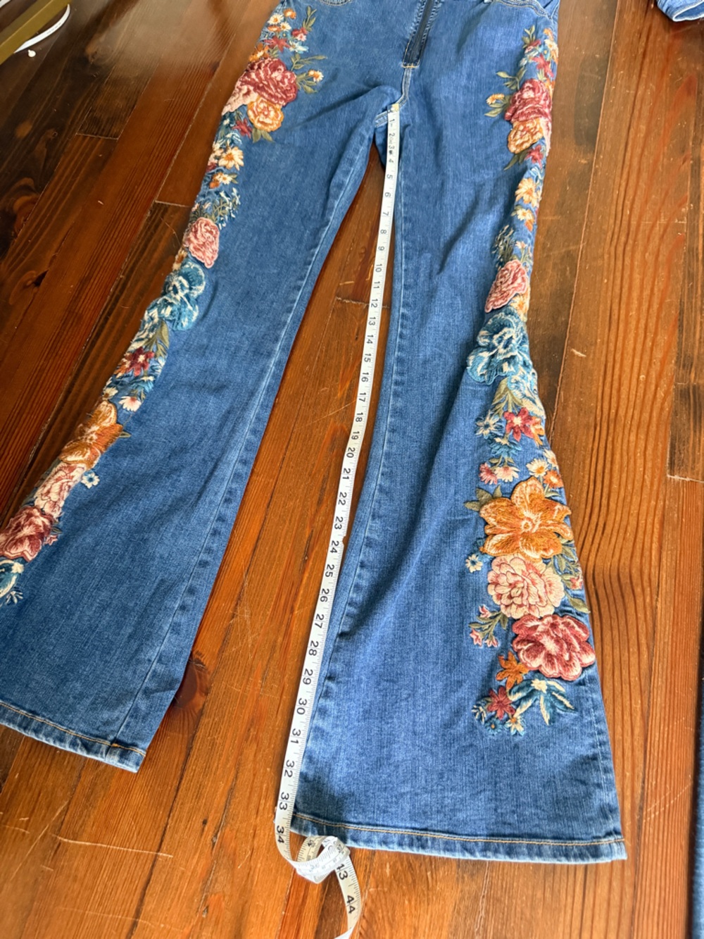 🌸DRIFTWOOD Farrah Embroidered Floral Flare Leg Denim Jumpsuit - Midnight Rose - Picture 10 of 13